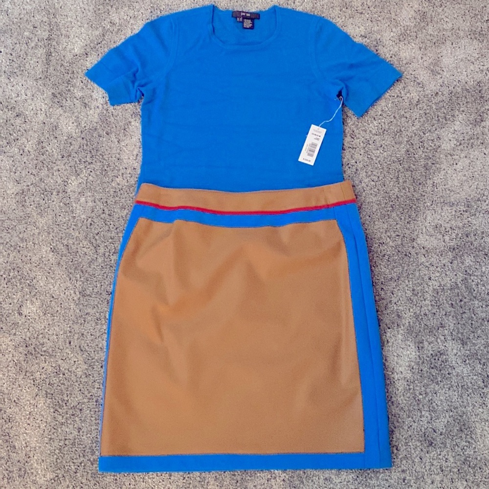 Per Se faux leather camel color skirt with blue trim , size 8